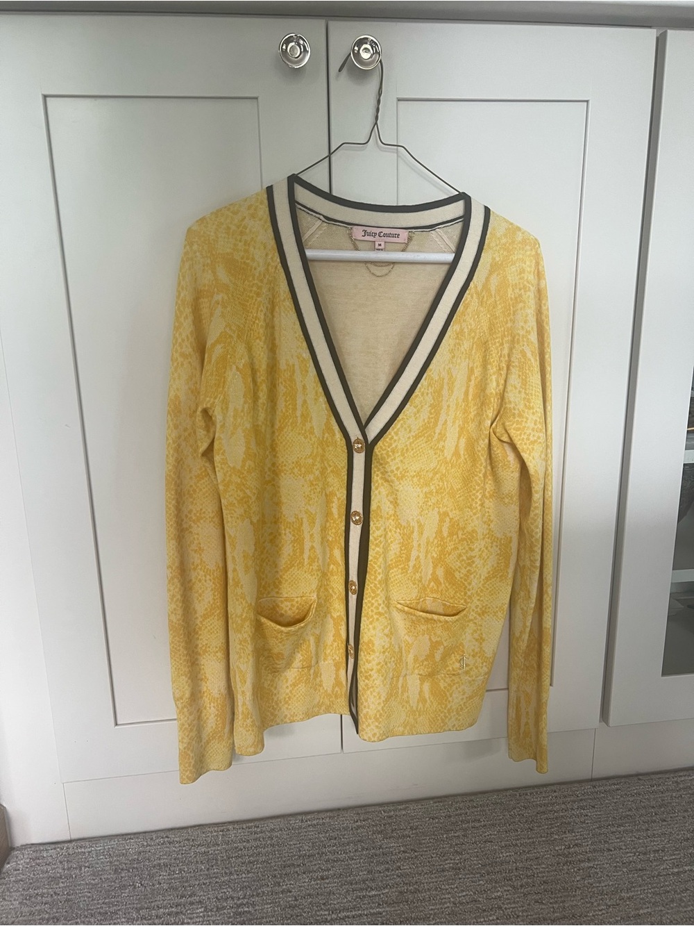 Juicy Couture Yellow Patterned V-Neck Cardigan with Contrast Trim